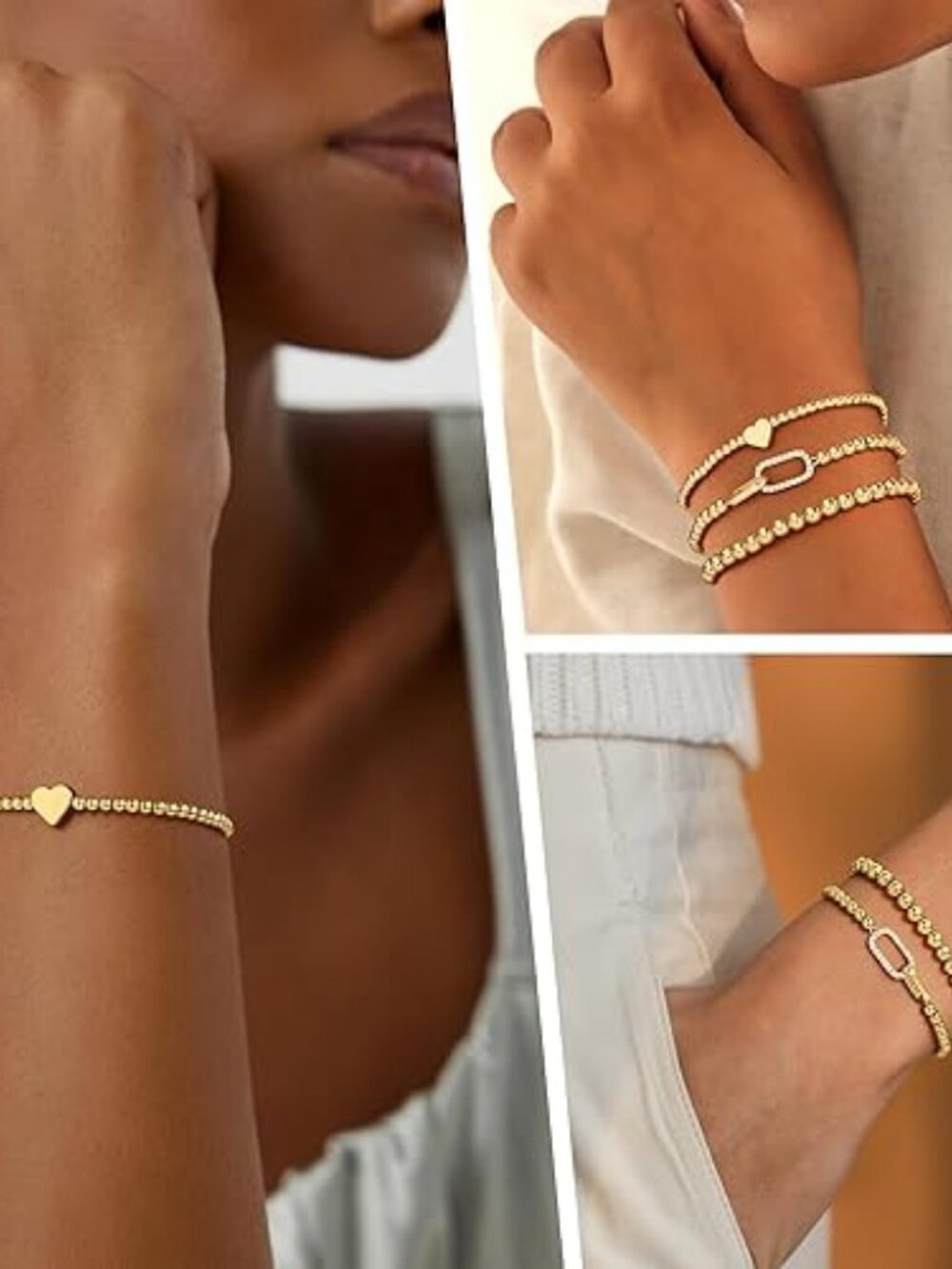 14K Gold Plated Bow Beaded Bracelet Set for Women & Teen Girls | Stackable - Picture 5 of 6